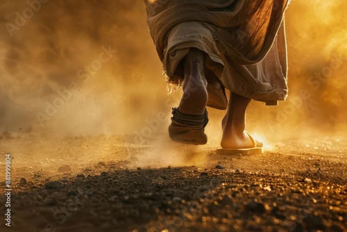 serene scene of jesus sandaled feet walking on a dusty road with soft warm light creating a gentle glow and long shadows symbolizing his earthly journey photo