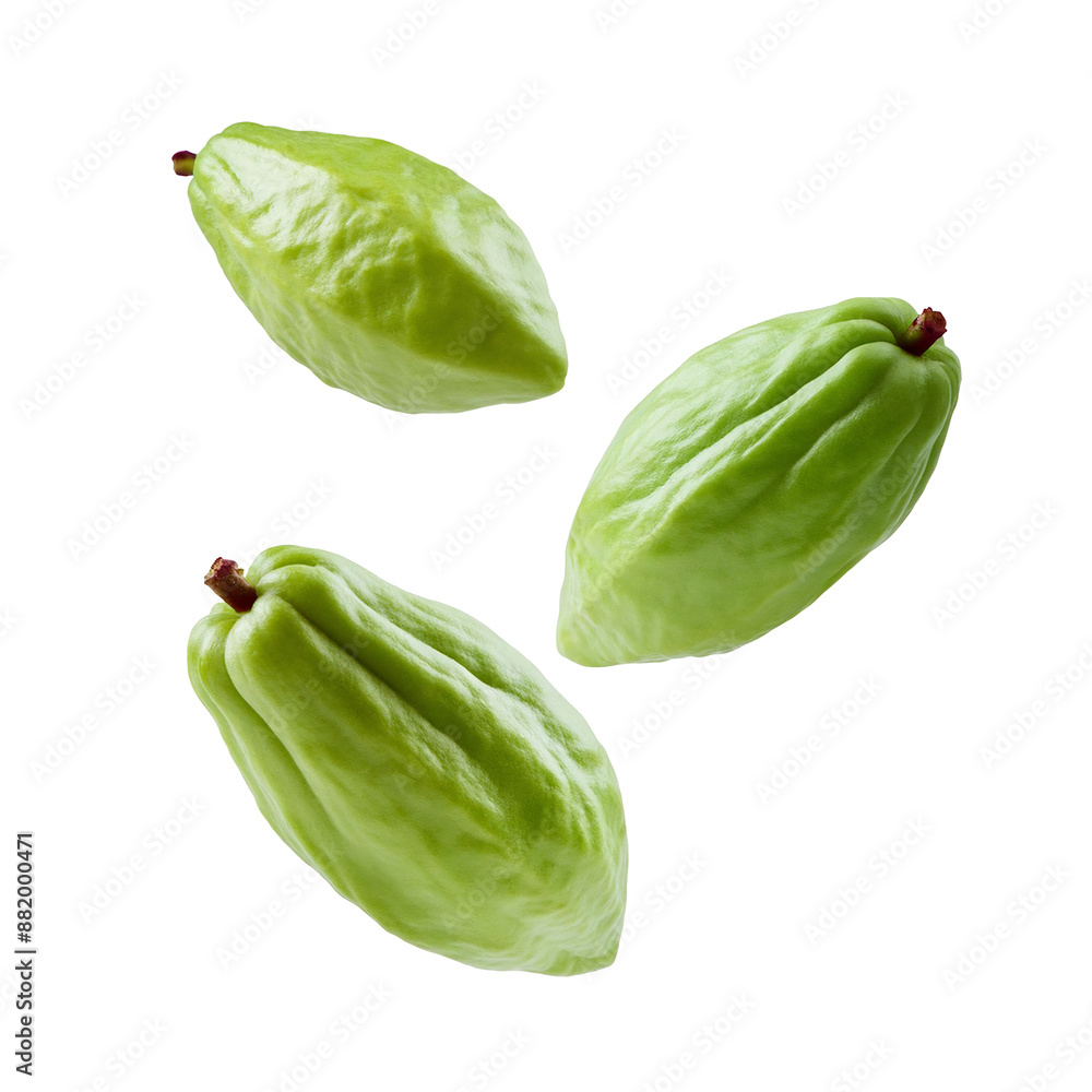 Set collection of green cacao pods floating in the air against a transparent background Set collection of green cacao pods floating in the air against a transparent background