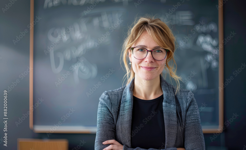 Portrait of smiling middle aged female teacher posing with crossed arms in classroom, elementary to university education, copy space. Portrait of smiling middle aged female teacher posing with crossed arms in classroom, elementary to university education, copy space.