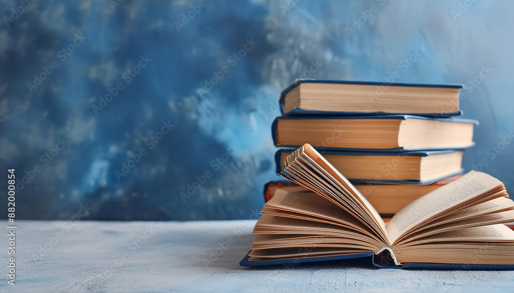 Pile of old books. World Book Day. Education concept, knowledge and learning. Blue textured backdrop Pile of old books. World Book Day. Education concept, knowledge and learning. Blue textured backdrop