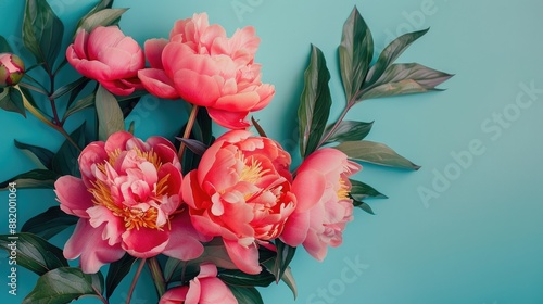 Fototapeta Naklejka Na Ścianę i Meble -  Close up of vibrant peonies on floral backdrop with empty space