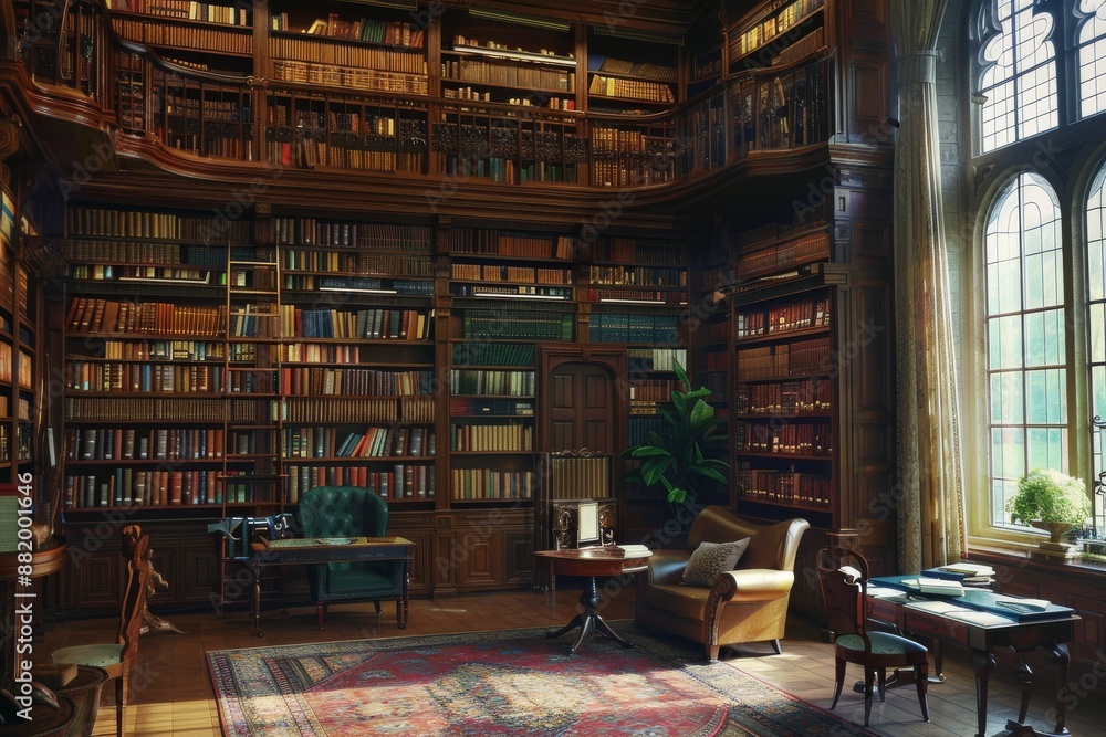 Classic Library with Large Windows and Wooden Bookcases Classic Library with Large Windows and Wooden Bookcases