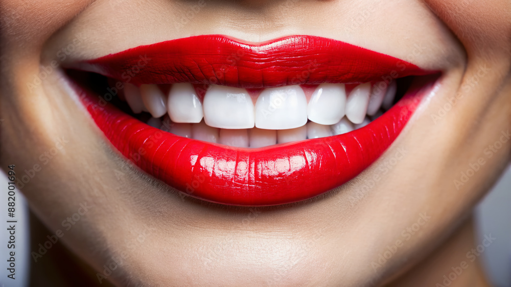 Fototapeta premium Vibrant red lips curve upwards in a joyful smile, revealing perfectly aligned white teeth, capturing the essence of happiness and confidence in a stunning close-up shot.