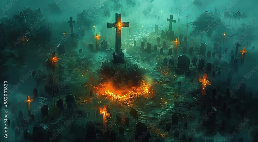 A circle of black tombstones with glowing crosses on them, in the middle is an open grave that has fire around it A circle of black tombstones with glowing crosses on them, in the middle is an open grave that has fire around it