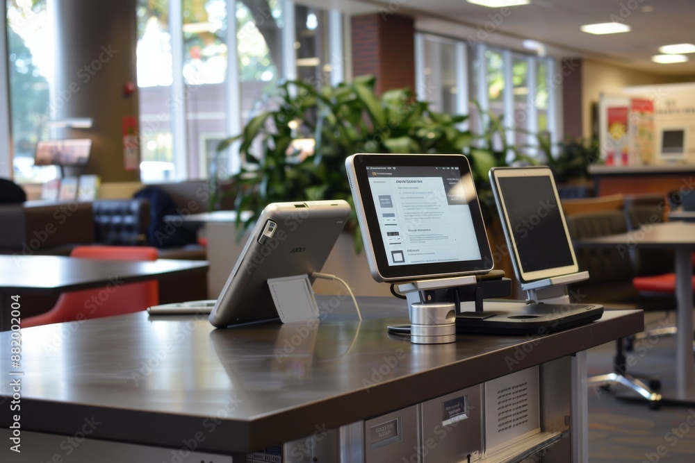 Three Tablets On A Counter In A Library Three Tablets On A Counter In A Library
