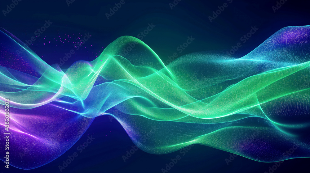 Fototapeta premium Abstract glowing waves with particles in purple, blue, and green colors against a dark background.