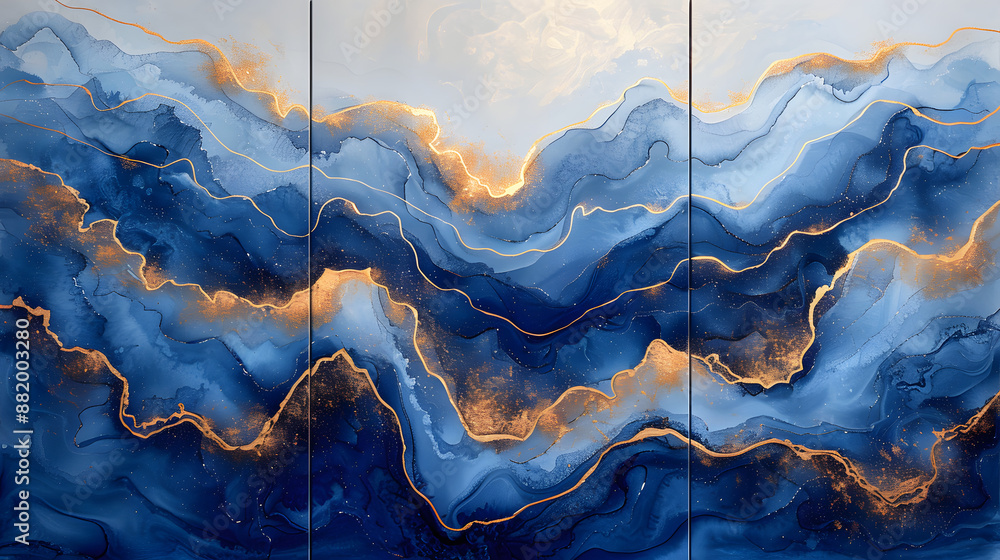 Abstract blue and gold fluid art painting depicting mesmerizing waves in vibrant shades, creating a serene visual experience. Abstract blue and gold fluid art painting depicting mesmerizing waves in vibrant shades, creating a serene visual experience.