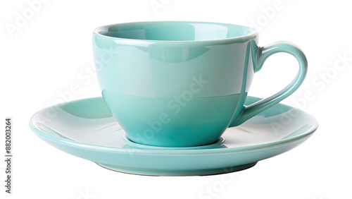 A ceramic coffee mug and a saucer isolated on a transparent background