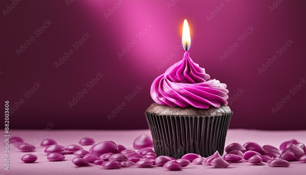 chocolate cupcake with pink frosting and pink chocolate surrounding cake, candle with flame. isolated on magenta background chocolate cupcake with pink frosting and pink chocolate surrounding cake, candle with flame. isolated on magenta background
