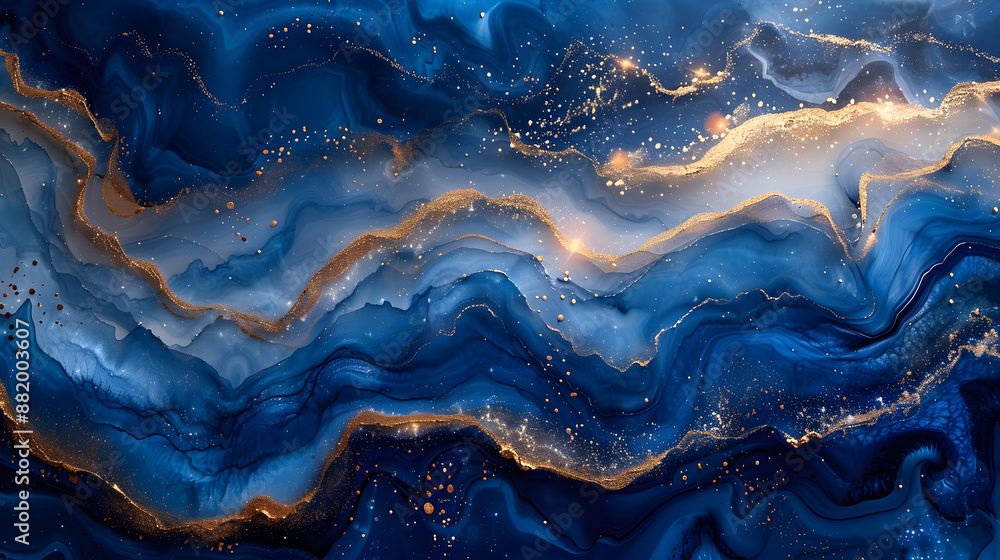 Fototapeta premium Abstract fluid art in blue and gold with flowing waves and metallic accents, creating a mesmerizing and elegant visual composition.