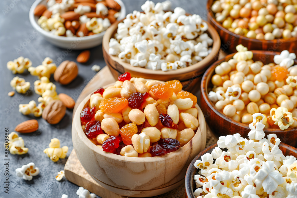 Arrange snacks like popcorn, nuts, and dried fruits in a creative and appetizing way., Arrange snacks like popcorn, nuts, and dried fruits in a creative and appetizing way.,
