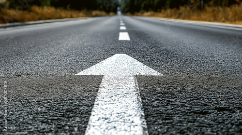 Close-up view of a white directional arrow on an asphalt road with trees in the background.