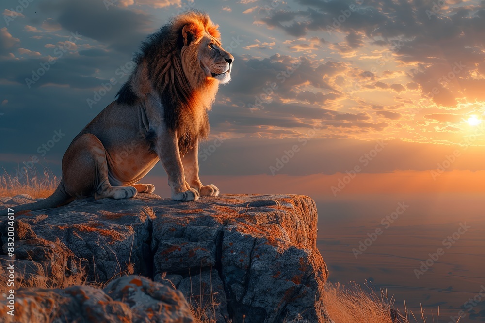 Majestic lion on a cliff at sunrise Majestic lion on a cliff at sunrise