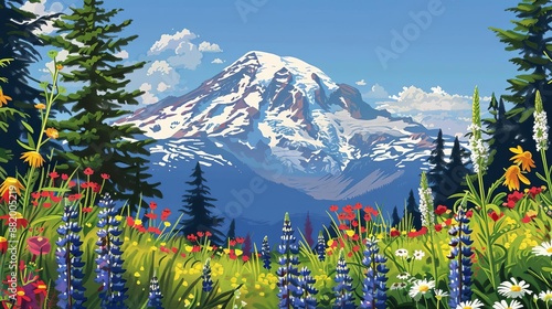 Rainier s majestic peak framed by blooming wildflowers, Rainier flowers, natural framing photo