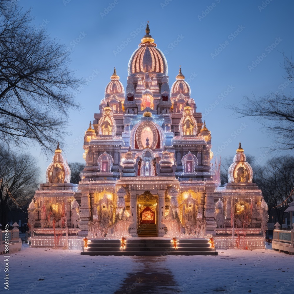 Obraz premium An ornate temple with glowing lights and grand staircase, set in a serene winter landscape with snow-covered trees and clear sky. A cultural marvel in Asia with intricate architecture.