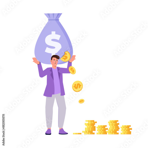 Money leaking concept. An unexpected stock market drop leading to money loss, capital devaluation, and risky investments, all contributing to a bad economy. Vector illustration.