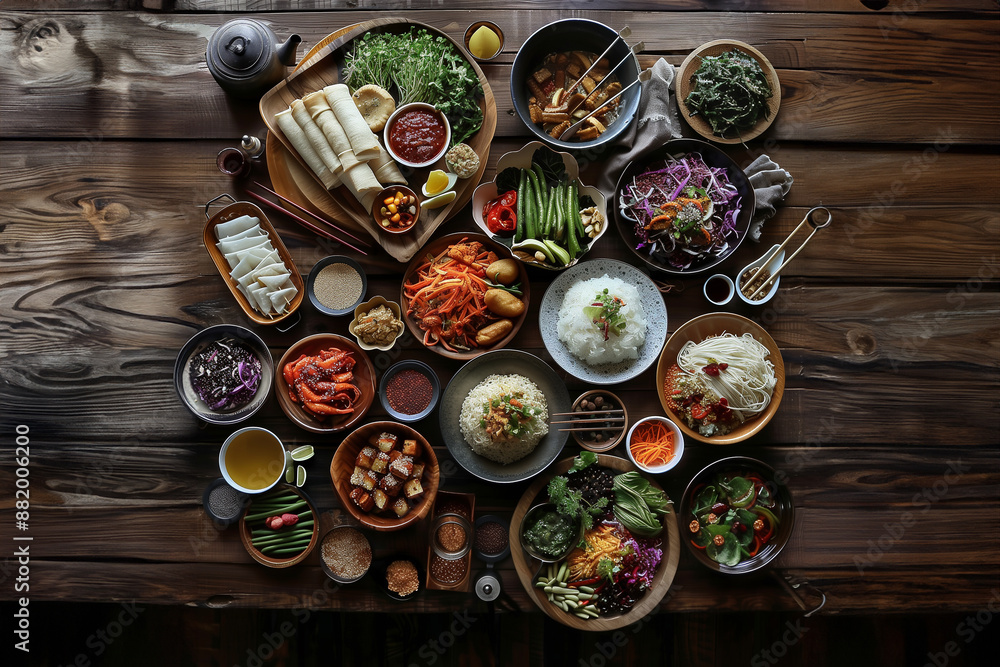 A well-prepared dinner table, oriental food, Korean food, spectacular invitation A well-prepared dinner table, oriental food, Korean food, spectacular invitation