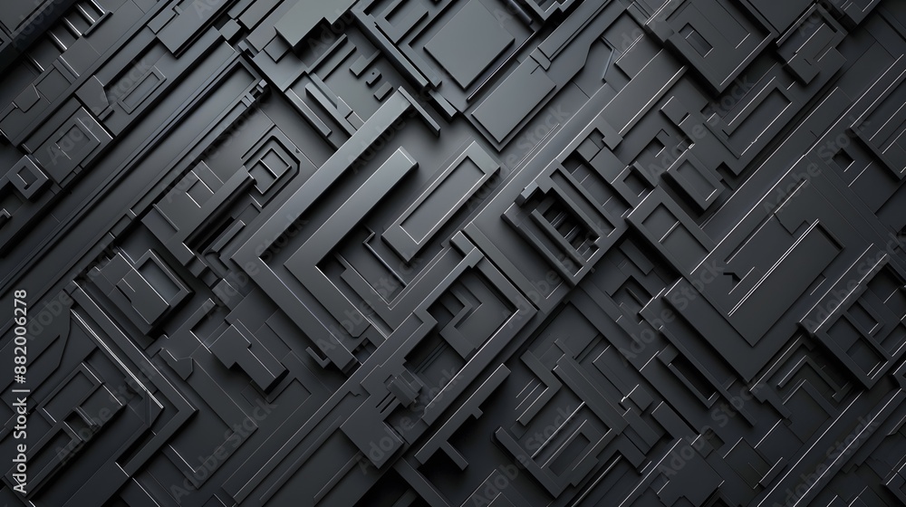 Full frame of abstract graphic 3d illustration of symmetrical repeating dark gray patterns of geometric shapes and lines with shadows. Full frame of abstract graphic 3d illustration of symmetrical repeating dark gray patterns of geometric shapes and lines with shadows.