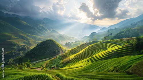 Mu Cang Chai, Vietnam landscape terraced rice field near Sapa. Mu Cang Chai