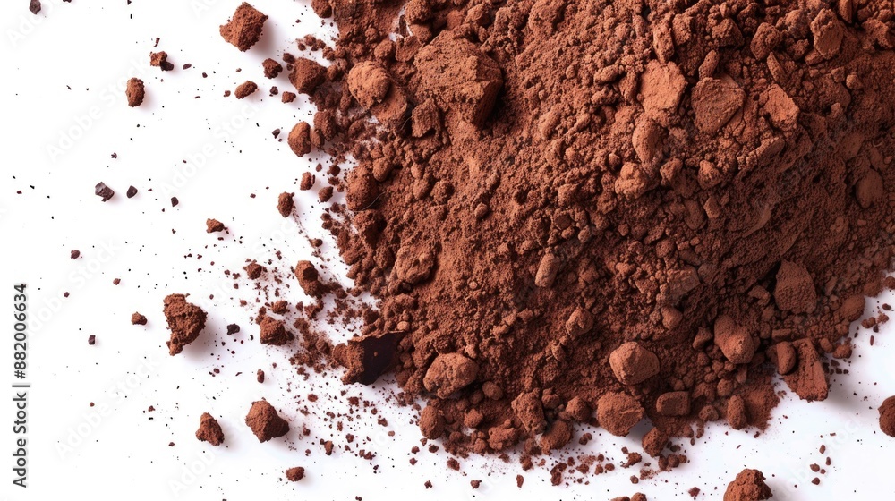 A compact mound of cocoa powder sits on a white surface, ready for use in baking or cooking A compact mound of cocoa powder sits on a white surface, ready for use in baking or cooking