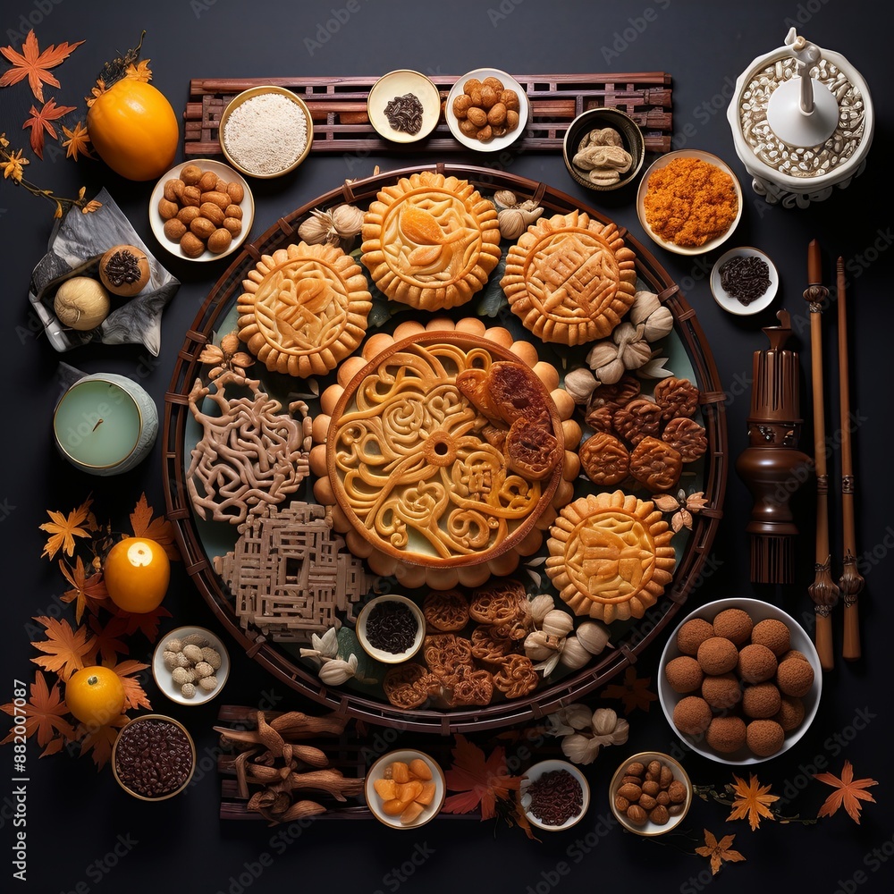 Top view of delicious Chinese pastry on black stone table. Mid-Autumn Festival food concept, traditional Asian desserts, sweet and salty pastries, cookies, candies, nuts, fruits, tea. Selective focus. Top view of delicious Chinese pastry on black stone table. Mid-Autumn Festival food concept, traditional Asian desserts, sweet and salty pastries, cookies, candies, nuts, fruits, tea. Selective focus.