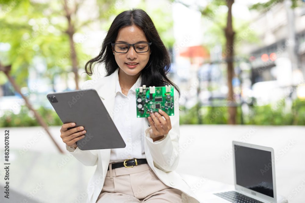 Fototapeta premium Business women computer hardware engineer. Project lead PCB designer looking at sample circuit board ready to mass production.