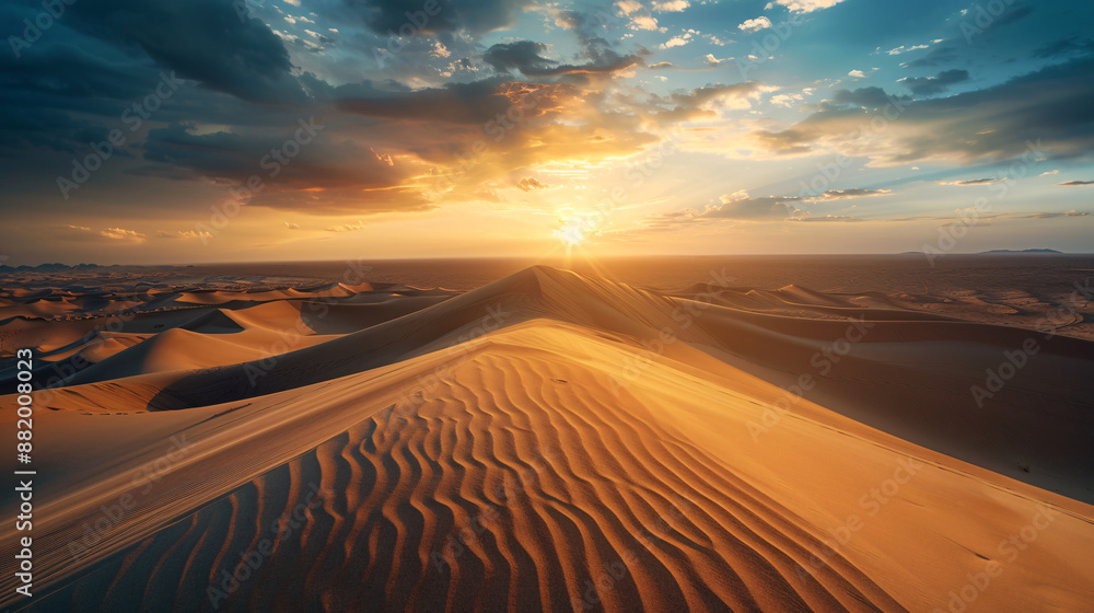 Sand dunes under setting sun in vast desert landscape Sand dunes under setting sun in vast desert landscape