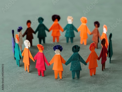 Paper dolls in circle, partnership and connection concept with copy space, deep depth of field.