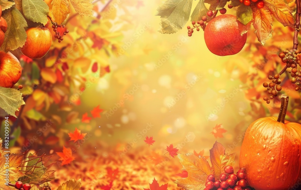 Autumn scene with pumpkins, apples, and colorful leaves. Warm, golden hues perfect for seasonal, harvest, or Thanksgiving themed content.