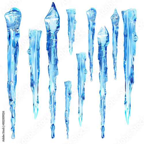 Collection of blue ice icicles isolated on white background, showcasing cold winter texture and nature's crystallized beauty. photo