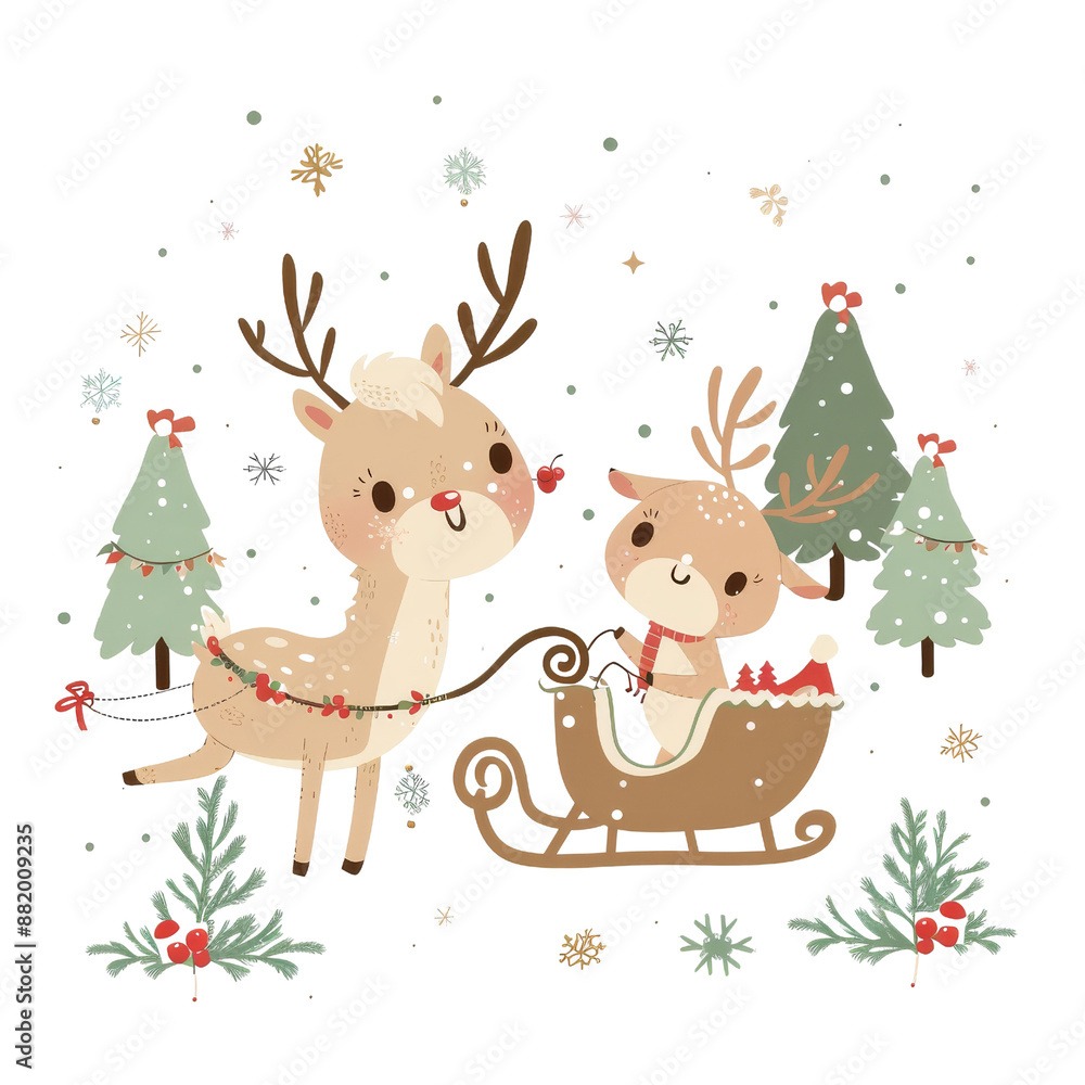 Cute Christmas illustration of reindeer with a sleigh and decorated trees, perfect for holiday-themed designs and cards. Cute Christmas illustration of reindeer with a sleigh and decorated trees, perfect for holiday-themed designs and cards.
