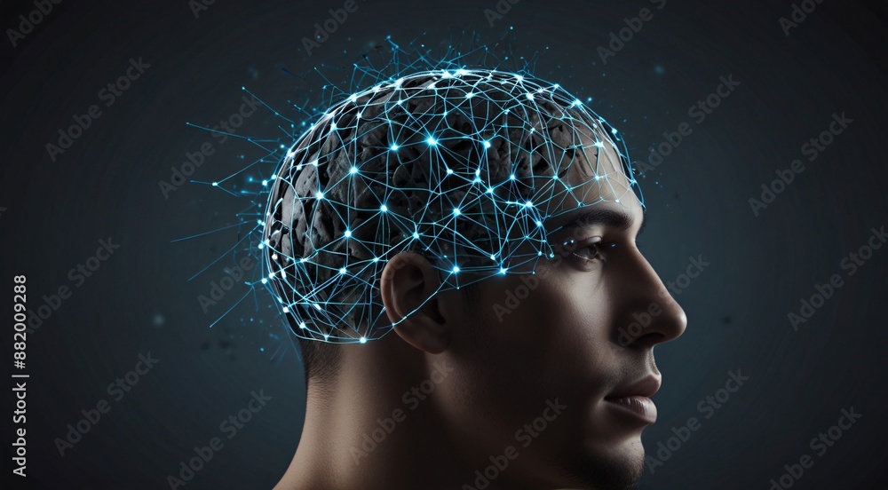 Obraz premium Digital brain network with glowing blue connections on a male head, representing artificial intelligence, machine learning, and innovative technology concepts for modern business and science