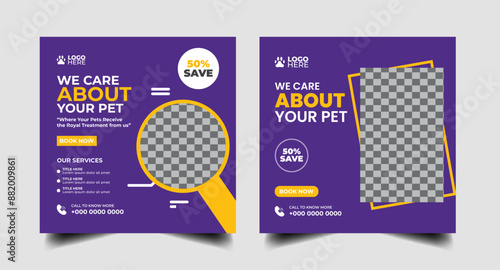 Pet care modern social media post. pet care ads banner and Instagram template vector. pet social media post