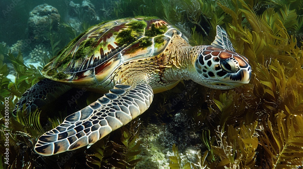 Fototapeta premium Serene Sea Turtle: Majestic marine creature leisurely swimming near ocean floor, adorned with vibrant algae-covered shell.