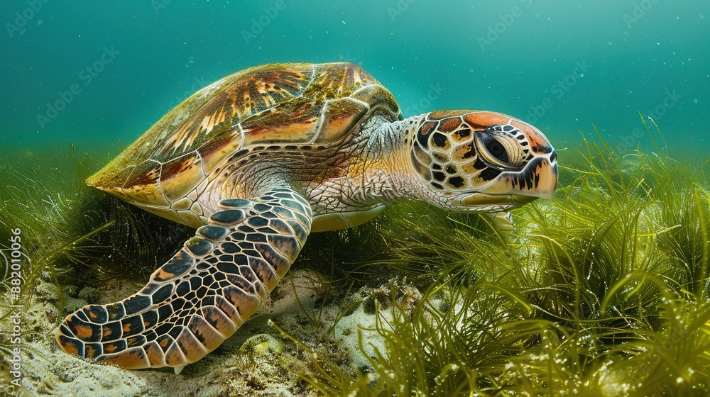 Fototapeta premium Majestic Sea Turtle Gliding Through Algae-Covered Ocean Floor