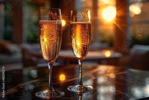 Elegant champagne glasses arranged beautifully on a polished wooden table