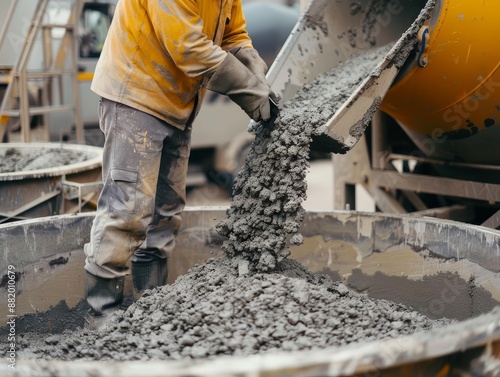Cement plant worker mixing concrete, durable cement industry
