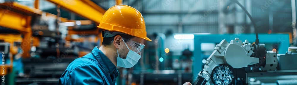 Factory worker operating advanced machinery, efficient manufacturing industry Factory worker operating advanced machinery, efficient manufacturing industry