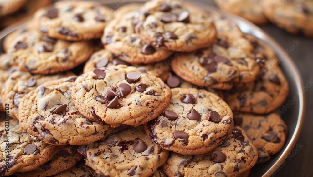 A plate of freshly baked chocolate chip cookies, perfectly delicious and mouthwatering, ready to be served as an dessert or snack. A plate of freshly baked chocolate chip cookies, perfectly delicious and mouthwatering, ready to be served as an dessert or snack.