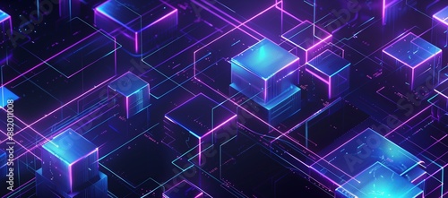 A futuristic digital background with neon blue and purple glowing cubes