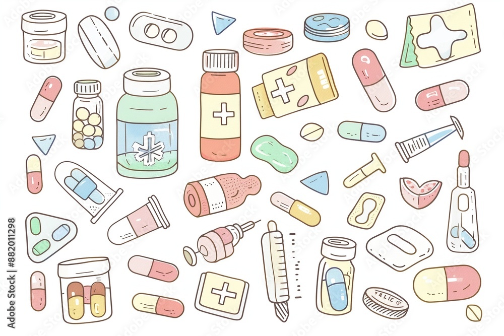 Cute doodle style, various medical items such as bottles and pills arranged in one direction on white background Cute doodle style, various medical items such as bottles and pills arranged in one direction on white background