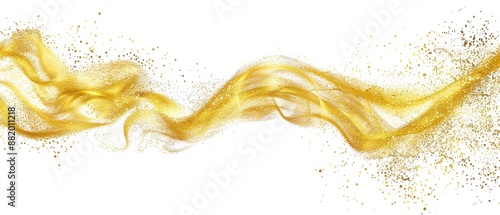 A golden wave of glitter on a white background, shiny gold dust swirls in the style of glittery gold background