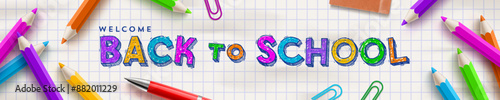 Back to school banner with multicolored pencil and hand drawn type design. Vector illustration.