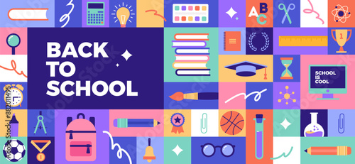 Back to school banner with school object, supplies and stationery. Vector illustration.
