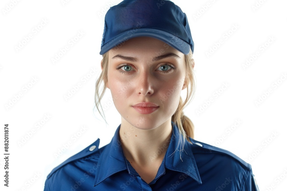 A woman in a blue uniform poses for a photo, with a serious expression A woman in a blue uniform poses for a photo, with a serious expression