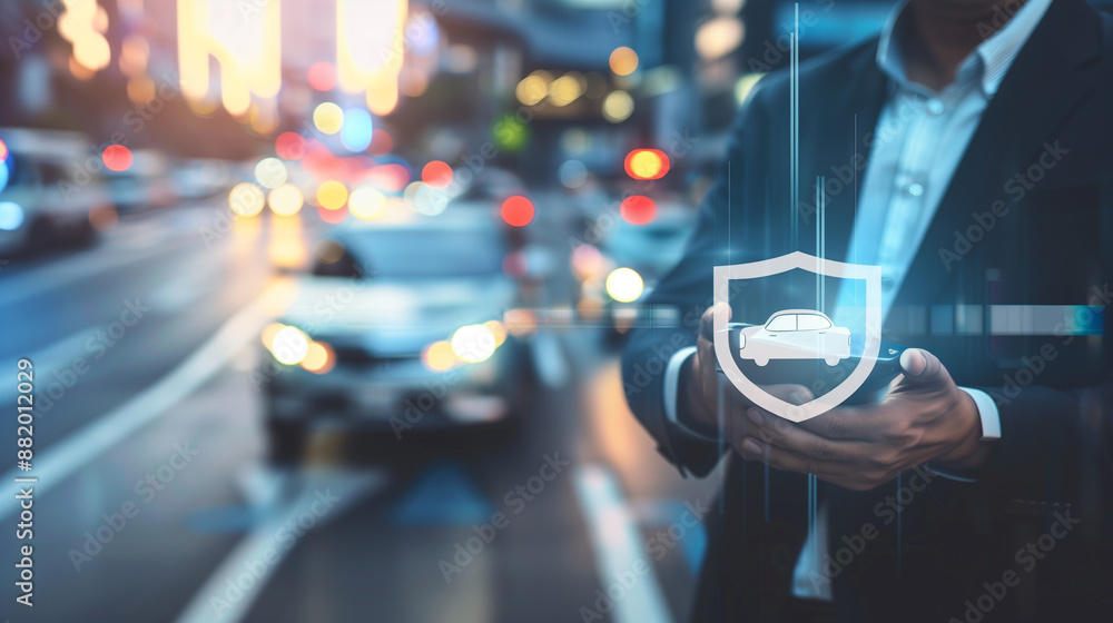 Businessman pressing car with shield flat icon over blur of rush hour with cars and road in city, Business automobile insurance concept