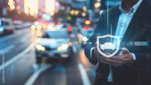Obraz na płótnie Businessman pressing car with shield flat icon over blur of rush hour with cars and road in city, Business automobile insurance concept w salonie