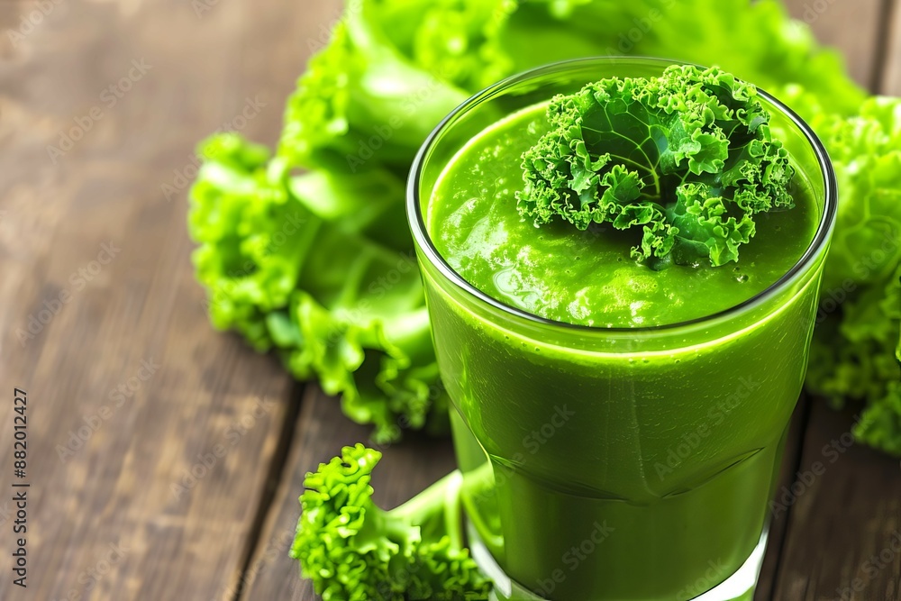 A refreshing green smoothie made of fresh kale and other leafy greens on a wooden table, perfect for a healthy and nutritious drink. A refreshing green smoothie made of fresh kale and other leafy greens on a wooden table, perfect for a healthy and nutritious drink.