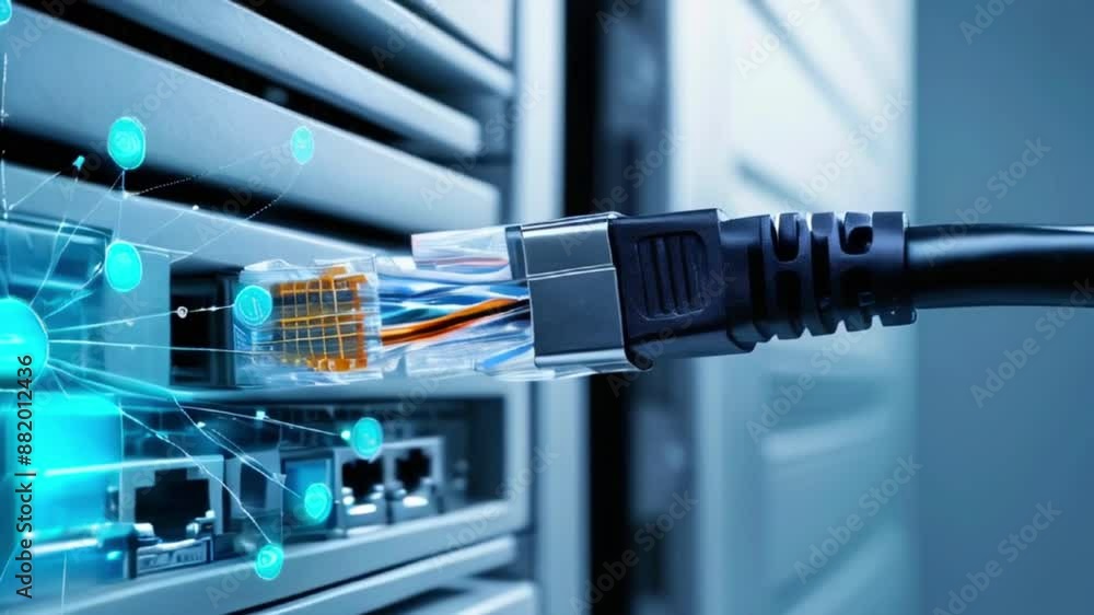 A close up of a network cable being plugged into a server. A close up of a network cable being plugged into a server.