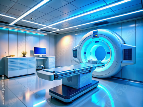 Modern hospital laboratory features a sophisticated, high-tech medical imaging machine for advanced MRI or CT scan diagnosis, with sleek metal and neon accents. photo